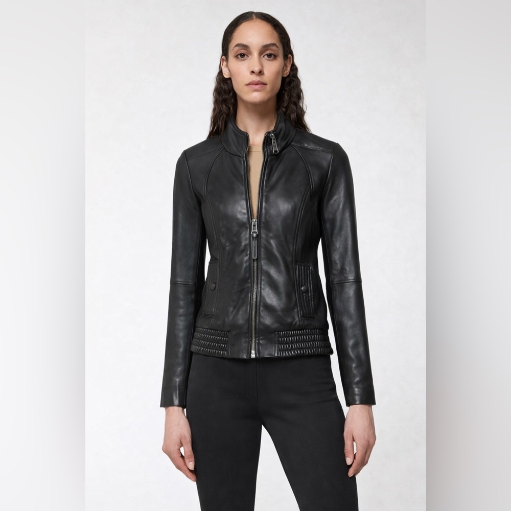 MACKAGE for Aritzia supple Lamb leather black bomber jacket mock neck hood XXS